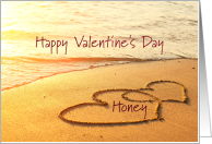 Happy Valentine’s Day Honey - beach with hearts in sand card
