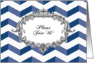 Wedding Invitation, chevrons, blue and white, antique frame card