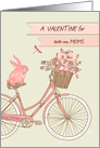 Valentine’s Day for both Moms, Bicycle, Pink Rabbit, Flower Basket card