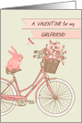 Valentine’s Day for Girlfriend, Bicycle, Pink Rabbit, Flower Basket card
