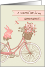 Valentine’s Day for Grandparents, Bicycle & Pink Rabbit, Flower Basket card