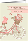 Valentine’s Day for Sister, Bicycle & Pink Rabbit, Flower Basket card