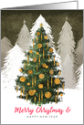 Christmas Tree In Snow Golden Ornaments Merry / Happy New Year card