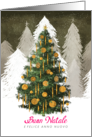 Christmas Tree In Snow Golden Baubles Merry/ Happy New Year in Italian card