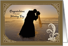Congratulations on Wedding Day, Bride & Groom silhouette Beach Sunset card