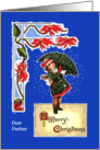 Merry Christmas for Partner, Poinsettias, Girl in Snow with Umbrella card