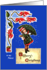 Merry Christmas for Niece, Poinsettias, Girl in Snow with Umbrella card
