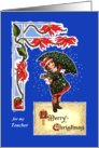 Christmas for Teacher, Poinsettias, Girl in Snow with Umbrella, Poem card