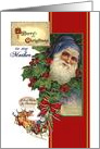 Christmas for Mother, Vintage Santa wears Blue, Reindeer Red Ribbon card