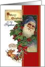 Christmas for Nephew, Vintage Santa in Blue, Reindeer, Holly w Red Bow card