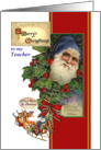 Merry Christmas for Teacher, Vintage Santa in Blue, Reindeer Red Bow card