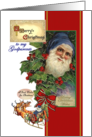 Christmas for Godparents, Vintage Santa in Blue, Reindeer Red Bow card