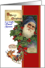 Christmas for Postal Carrier, Vintage Santa in Blue, Reindeer, Red Bow card