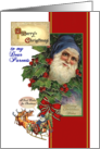 Christmas for Parents, Vintage Santa in Blue, Reindeer, Red Ribbon card