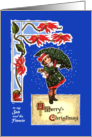 Christmas for Son and Fiancee Vintage Girl in Snow with Umbrella, Poem card