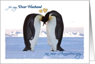 Wedding Anniversary, for Husband, pair Penguins, hearts card