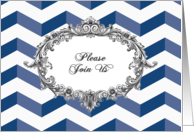 Wedding Invitation, chevrons, blue and white, antique frame card
