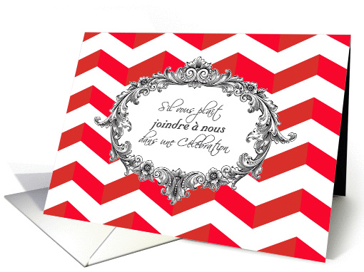 Wedding Invitation, French, chevrons, red, antique frame card