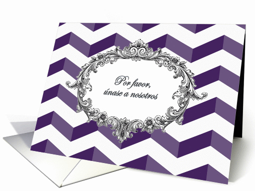 Wedding Invitation, Spanish, chevrons, purple, antique frame card