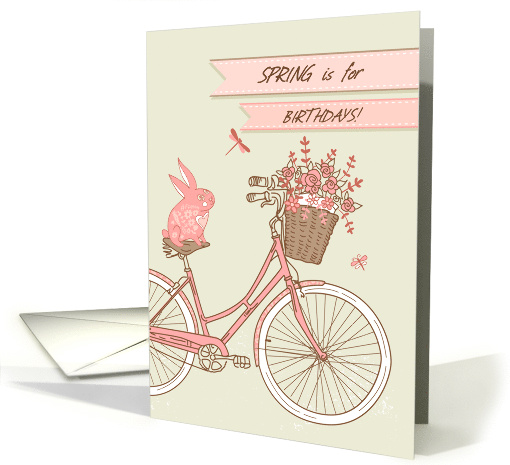 Spring Birthday for Her with Bicycle, Rabbit, Flowers, Poem card
