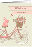 Spring Birthday for Her with Bicycle, Rabbit, Flowers, Poem card
