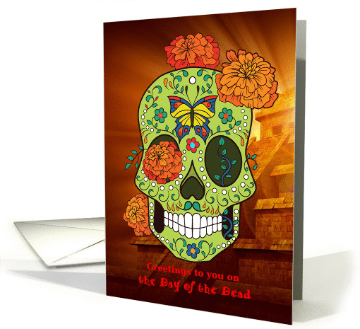 Day of the Dead Sugar Skull and Flowers with Mayan Pyramid card