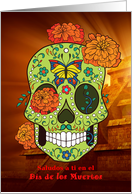 Dia de los Muertos in Spanish - Sugar Skull, Flowers, Mayan Pyramid card