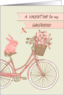 Valentine’s Day for Girlfriend, Bicycle, Pink Rabbit, Flower Basket card