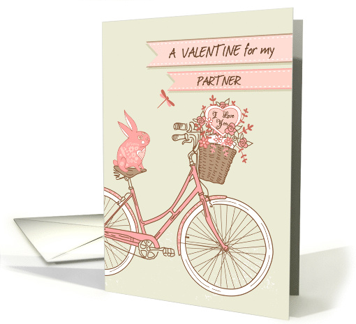 Valentine's Day for Partner, Bicycle & Pink Rabbit, Flower Basket card