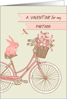 Valentine’s Day for Partner, Bicycle & Pink Rabbit, Flower Basket card