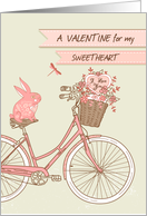 Valentine’s Day for Sweetheart, Bicycle, Pink Rabbit, Flower Basket card