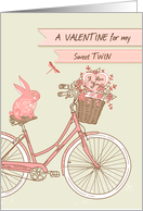 Valentine’s Day for Twin, Bicycle, Pink Rabbit, Flower Basket & Heart card