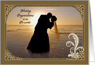 Wedding Congratulations for Co-worker, Bride/Groom Silhouette on Beach card