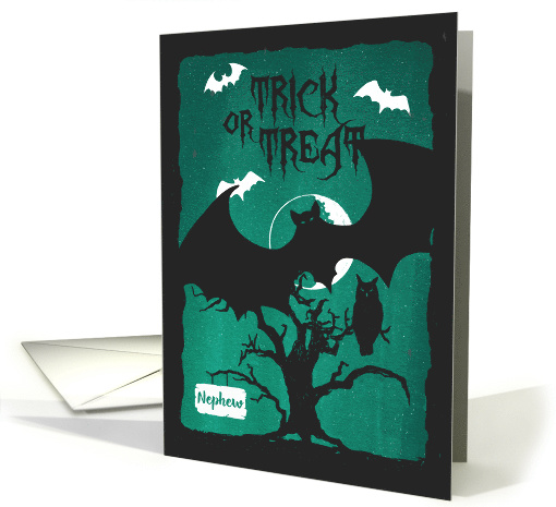 Halloween for Nephew Owl in Crooked Tree with Bats & Poem card