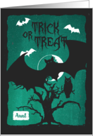 Halloween for Aunt - Owl in Crooked Tree with Bats - Poem card