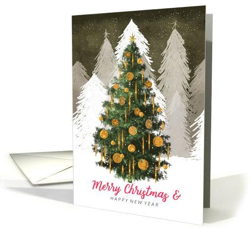 Christmas Tree In Snow Golden Ornaments Merry / Happy New Year card