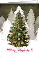 Christmas Tree In Snow Golden Ornaments Merry / Happy New Year card