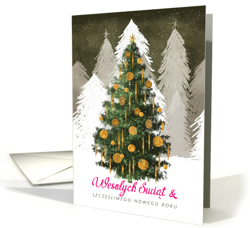 Christmas Tree in Snow Merry Christmas Happy New Year in Polish card
