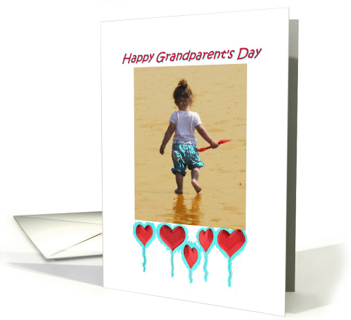 Grandparents Day - girl on beach, heart balloons card (671838)
