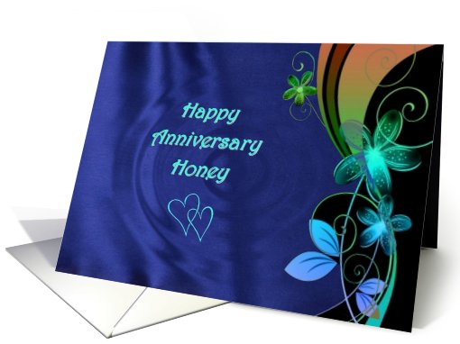 Happy Anniversary Honey for Wife, two hearts, flowers, swirls card