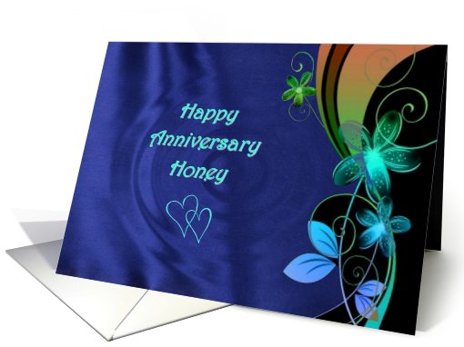 Happy Anniversary Honey, for partner, two hearts, flowers card