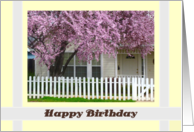 Happy Birthday, Flowering Tree with Picket Fence card