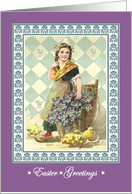 Easter Greetings Vintage Dutch Girl Chicks Violets in Floral Frame card