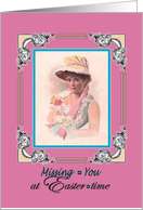 Happy Easter, missing you, bonnet, vintage card