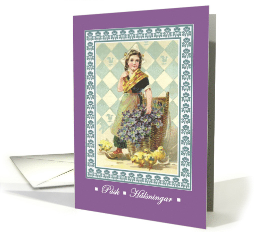 Happy Easter in Swedish Vintage Dutch Girl with Chicks Postcard card