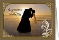 Congratulations on Wedding Day, Bride & Groom silhouette Beach Sunset card