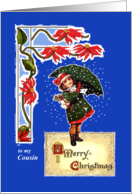 Merry Christmas for Cousin, Poinsettias, Girl in Snow with Umbrella card
