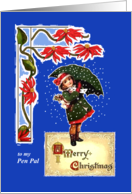 Merry Christmas for Pen Pal, Poinsettias, Girl in Snow Umbrella, Poem card