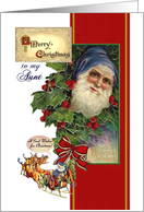 Christmas for Aunt, Vintage Santa wears Blue, Reindeer Red Ribbon card