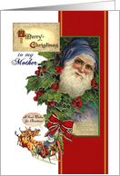 Christmas for Mother, Vintage Santa wears Blue, Reindeer Red Ribbon card